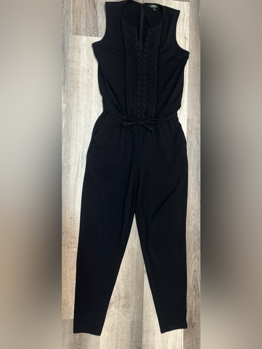Ralph Lauren Black Sleeveless Tie Waist Jumpsuit with Embroidered Top